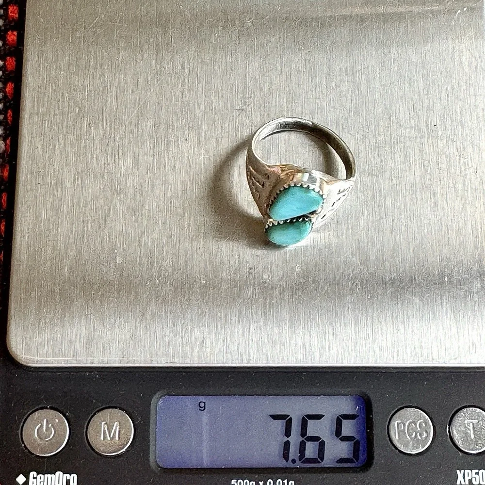 Mens Turquoise Navajo Band Sz 9 Two Stone Ring 21mm Signed ML Handmade‎ Native